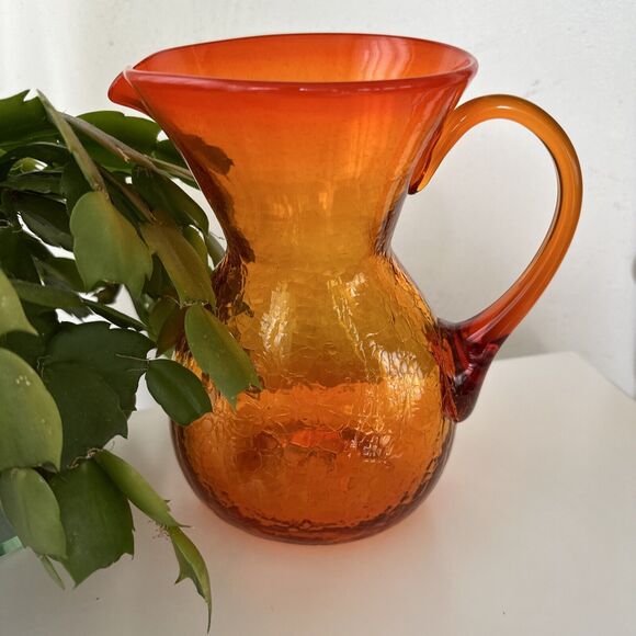 Vintage BLENKO Crackle Hand Blown Art Glass Tangerine/ Amberina Pitcher w Handle - Picture 2 of 9
